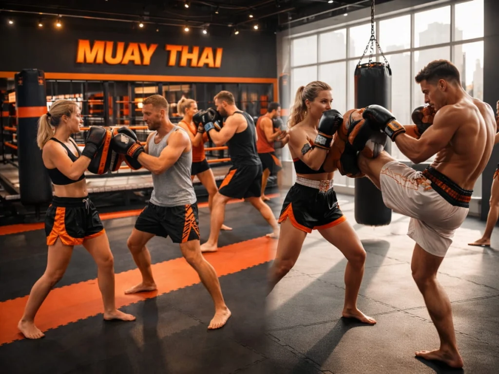 ผู้ฝึกมวยไทยชายและหญิงกำลังซ้อมในยิมมวยไทย แสดงการเติบโตของการฝึกมวยไทยเพื่อสุขภาพและฟิตเนสทั่วโลก
