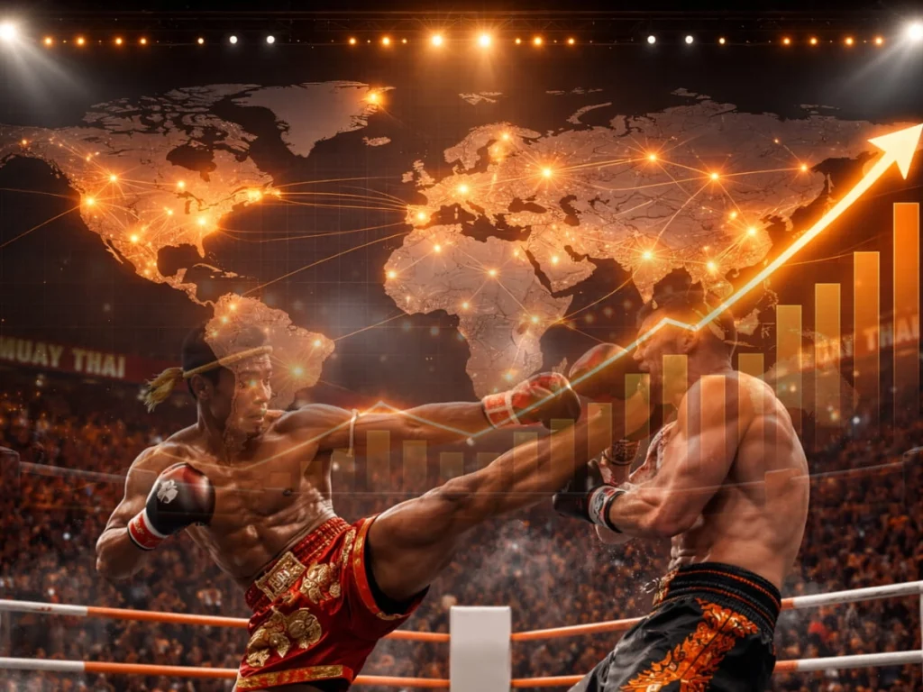 การแข่งขันมวยไทยพร้อมกราฟการเติบโตของตลาดมวยไทยทั่วโลก แสดงการขยายตัวของกีฬามวยไทยในหลายประเทศ