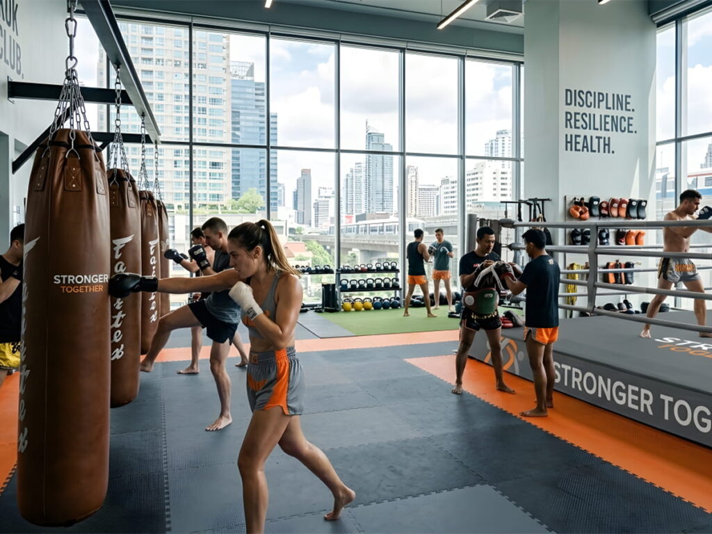 บรรยากาศการฝึกซ้อมในยิมมวยไทย นักเรียนกำลังซ้อมเตะกระสอบและฝึกกับครูมวย สะท้อนความนิยมของฟิตเนสมวยไทยในกระแส Health & Wellness