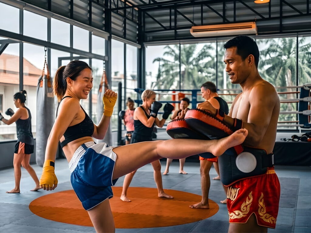 คลาสฝึกมวยไทยในยิมมวยสำหรับผู้เริ่มต้น นักเรียนกำลังฝึกเตะกับครูฝึก สะท้อนความนิยมของการออกกำลังกายในกระแส Health & Wellness